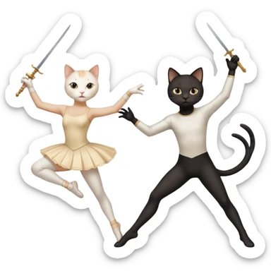 A white female cat doing ballet and a black male cat doing fencing sticker