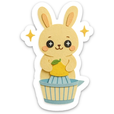 kawaii citrus juicer bunny squeezing a lemon, sparkling happy eyes, soft yellow, full-body sticker