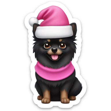 Black Pomeranian wearing a pink Santa hat sticker