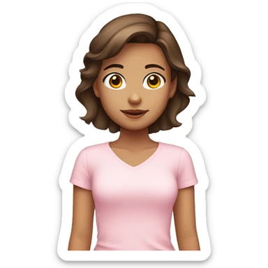Teen girl with short brown hair brown eyes wearing a baby pink shirt and she also has tan skin sticker