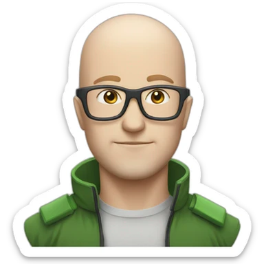 Bald Irish man with glasses and a Gundam helmet sticker