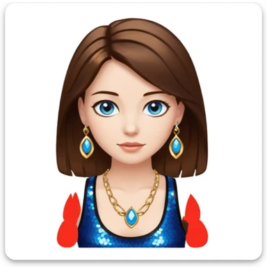 A woman with smooth brown hair with white skin and blue eyes, she has a black sequined tank top and golden jewelry sticker
