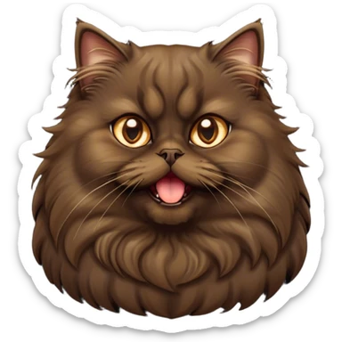 Cinematic Adorable Big-Eyed Fluffy Dark Brown Persian Cat Portrait Emoji, Head tilted playfully with a cute, exaggerated yawn, fluffy dark brown fur with rich caramel and gold undertones, Simplified yet irresistibly cute features with large, expressive eyes, highly detailed, glowing with a warm and gentle glow, high shine, a mix of affectionate and sleepy, stylized with a touch of whimsy, bright and full of charm, soft glowing outline, capturing the essence of a fluffy, loving kitty yawning in the most adorable way, so endearing it feels like it could leap out of the screen and stretch out for a cuddle! sticker