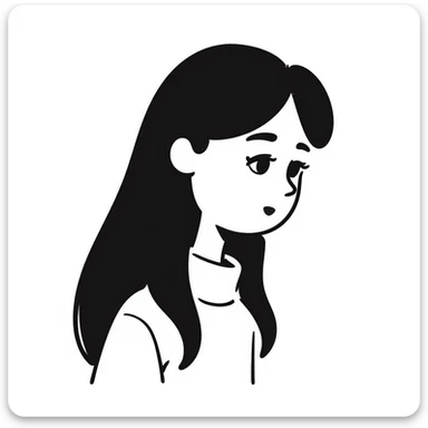pale girl with long black hair, sad expression, emotional, stylized, unique visual takes, hand drawn doodle style sticker