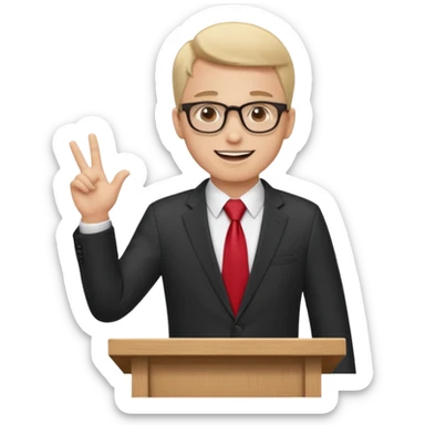 A professional clean-shaven man in a dark business suit and red tie standing behind a wooden podium, speaking confidently. A small microphone is placed on the podium. The man has glasses, a friendly smile, and open hand gestures. Soft studio lighting, neutral dark background, realistic emoji style. sticker