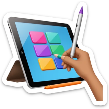 A hand having a digital pen drawing colorful rectangules on a tablet sticker
