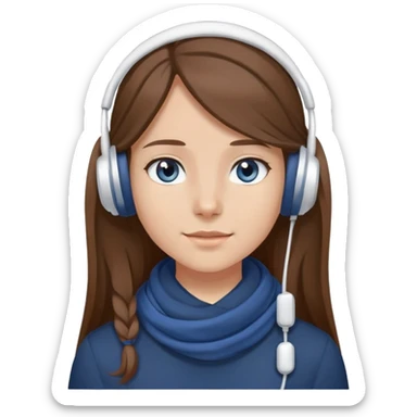 A girl has brown long hair wear white headset wearing dark blue shirt and white scarf has dark blue or gray eyes sticker