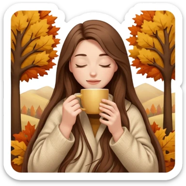 long brown hair woman closed eyes hiding under a cozy wool beige blanket, holding cup of coffee, autumn mood sticker
