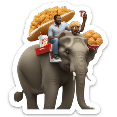 black man, riding a giant elephant while eating kfc sticker