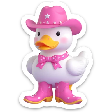 A white duck wearing a pink cowboy hat with a pink bow around its neck and pink cowboy boots with yellow stars sticker