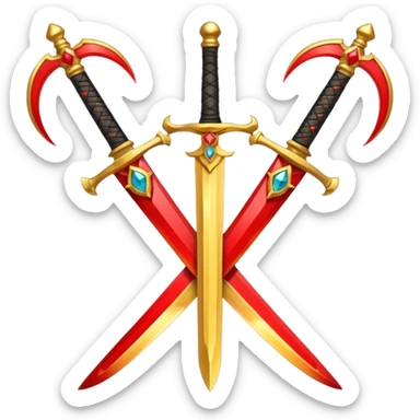 Two crossed swords that are golden in blade and handle and have fiery and royal appearence to them as well as red gem stones yellow in color sticker