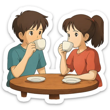 ghibli style boy and girl sitting at a table sipping coffee sticker