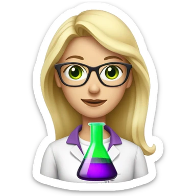 chemistry blonde woman holding a beaker containing a purple solution wearing glasses with green eyes sticker