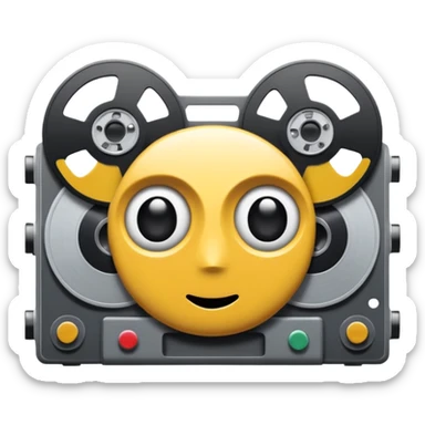 Minimalist emoji-style sticker of a VHS tape where the reels look like eyes, staring out. Black, white, and gray tones only.
 sticker