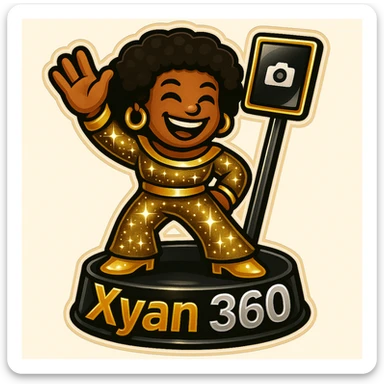 Edit the 360 booth image to clearly show the camera as an iPad. Keep the sparkling 1970s disco emoji and the 'Xyan 360' text on the booth. Maintain the bold gold, silver, black, and white color theme and the retro stickers style. sticker
