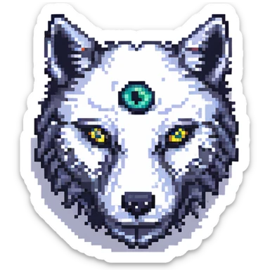close-up pixel art wolf face with 6 eyes and 12 arms visible around it sticker