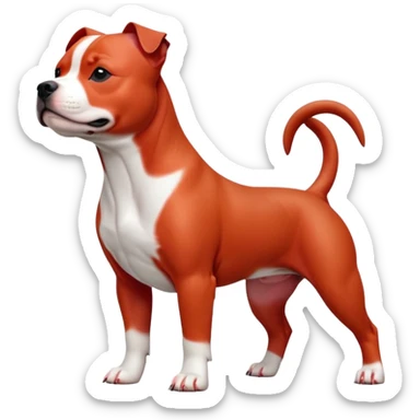 cinematic-[Staffordshire bull terrier]-realistic-full-body-standing-emoji,-tail-resting-loosely-beside-its-paws,-head-tilted-dramatically, -sleek-[red and white]-fur,-simplified-yet-realistic-focused-features,-highly-detailed,-glowing-with-an-almost-sarcastic-glow sticker