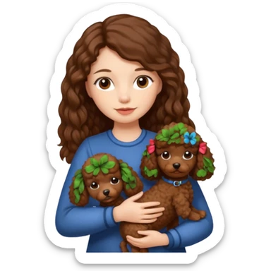 dziewczyna, długie brązowe włosy z małym brązowym pudlem na ręce sticker