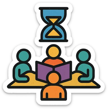 minimalist icon of players and a game master collaborating around a table or DM screen, with a clock or hourglass representing a multi-day marathon, worn and distressed look sticker