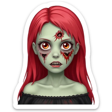 Garota zumbi com cabelo liso longo e mechas vermelhas na lateral da cabeça dos dois lados, usando uma blusa com manga caida preta sticker
