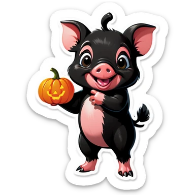 A black piglet holding a pumpkin with “luck x4” written on it. sticker