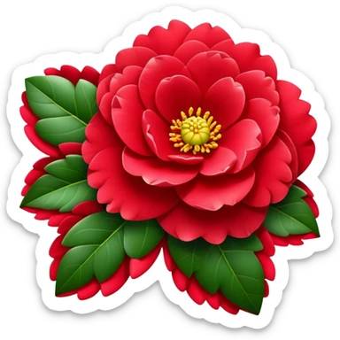 Beautiful red camellia flower with layered petals and glossy green leaves sticker