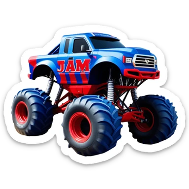 Avenger - Monster Jam (Model Year: 2021) (Iconic colour: Blue and red) - A dynamic monster truck with a split-color scheme: predominantly blue accented by bold red elements. Focus on strong, angular lines and vivid contrasting colors that evoke high energy and a futuristic, rebellious style. sticker