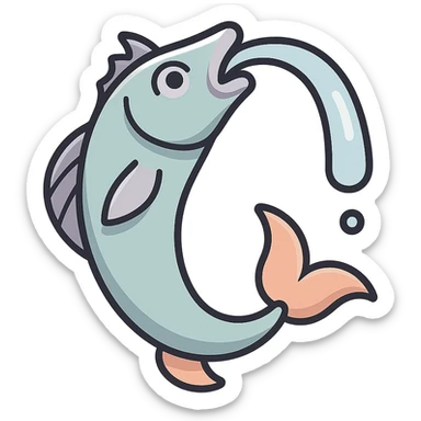 elongated fountain in the shape of a curved fish with a water stream flowing from its mouth, eastern style, detailed drawing with shadows and highlights, thin clean contours, soft rounded shapes, pastel palette #98B5BC, #B5B3C1, #C9A3C9, #E4C0CA, #F7DCD1, #F7C0AA, modern Japanese pop art and sticker aesthetics, soft lighting, transparent background, no stand sticker