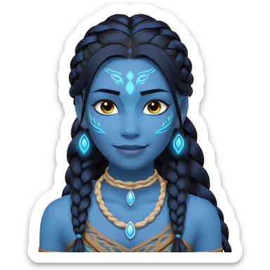 avatar-style Na’vi female portrait, head and shoulders only, blue skin, glowing bioluminescent markings, long braided hair, subtle tribal jewelry, confident smile, 3D cartoon, mobile game icon style, clean background, no text, no watermark
 sticker