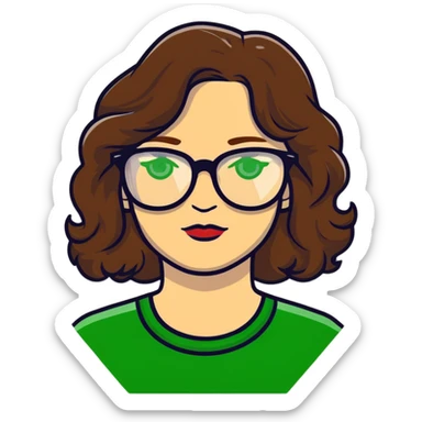 woman with pale skin, brown wavy hair, green eyes, gold glasses sticker