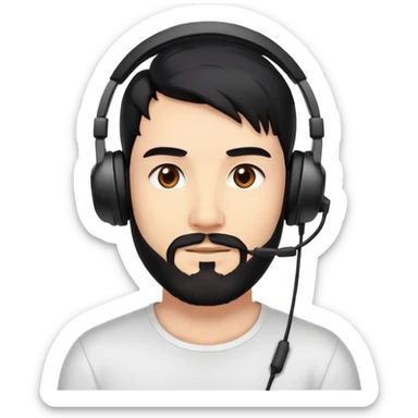 A person with black hair, brown eyes, a black beard, wearing a gaming headset sticker