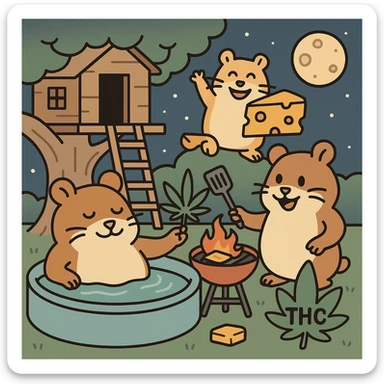 Discord server icon, square format, summer pool cookout scene with up to 3 hamsters, weed leaf, cheese, and THC theme, near a treehouse, in space. Flat toon style, soft but colorful, bold outlines, nostalgic, fun, inviting, summer party vibe, clear composition, less vibrant colors, designed to look good even at small tiny size sticker