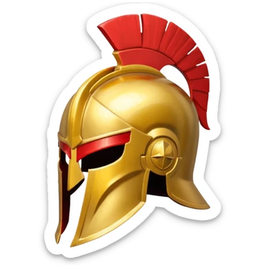 a golden Spartan helmet with a red crest sticker