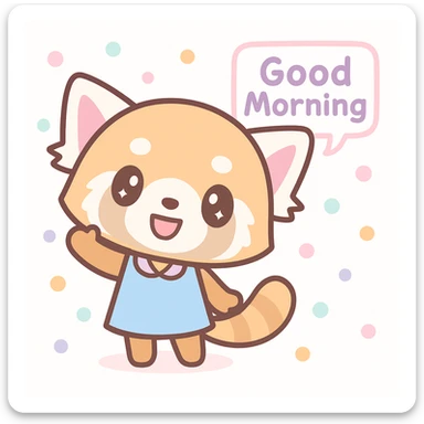 Aggretsuko red panda cheerful waving with a speech bubble that says 'Good Morning', kawaii style sticker