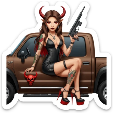 Lilith model red eye sexy black  devil horns.  long brown haired sexy succubus woman with leather long dress slit, sitting in Big Large F350 pickup truck. Black Platform high heels on feet. Tattoo sleeve arms, dead human skull of her ex skull is on top of stack of cash and a gun in  hand sticker