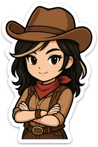 Chibi cowgirl with slightly longer hair and a blonde streak, wearing a cowboy hat and western outfit, no guns, chibi/anime style, transparent background, sized for Twitch or Discord use. Pose: arms crossed, confident expression. sticker