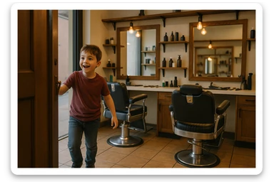 Sartaroshxonaga kirib kelayotgan bola sartaroshxona unchalik eski emas ammo yangi ham emsa sticker