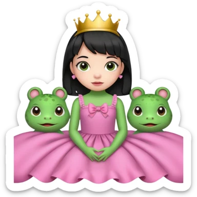 princess frog on bed pink bow with a pink dress cute girly pop black hair short baby bangs sticker
