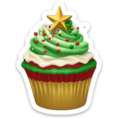 Christmas cupcake with a swirl of red and green frosting, snowflake sprinkles, and a gold star on top sticker