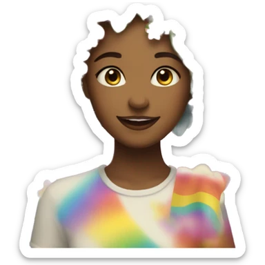 a woman with hearts and rainbows and flowers so happy on her head sticker