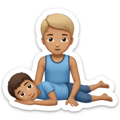 A boy lying down on the floor with love sticker