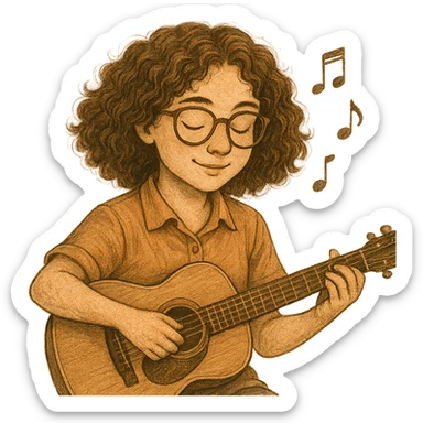 A curly and brown-haired girl with brown-framed glasses, wearing a shirt, playing the guitar, symbolizing music therapy, detailed, warm and soothing ambiance sticker
