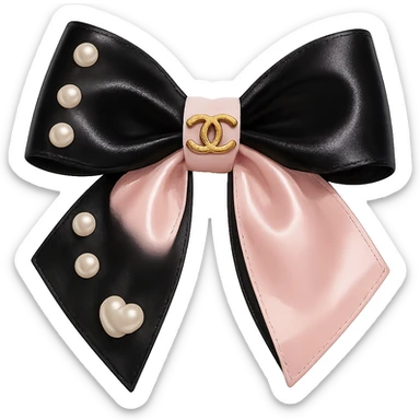 Remove the background, keep only the elegant bow with pearls and gold Chanel logo, glossy, pastel colors, realistic style, with no background. black pink, heart sticker