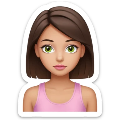 Create a teen girl wearing a light pink tank top. She will have brunette hair, tan skin, pink lips, and grey-green eyes. She has long eyelashes. sticker