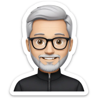 Man with light skin, short black hair styled up, short graying beard, large black-framed glasses, smiling face, black long sleeve mock neck shirt with zip sticker