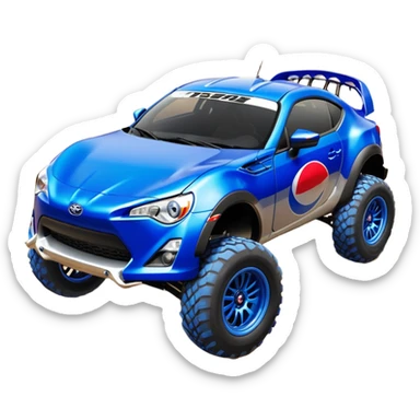 Dirty raced jacked 2013 scion fr-s ultramarine off road 4wd monster Baja dessert stadium racer number 86 with long travel suspension, shiny silver wheels, exaggerated black fender flares sponsored by Pepsi  sticker