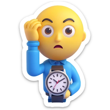 A yellow emoji face with a worried expression, looking at a wristwatch with raised eyebrows, showing urgency and stress sticker