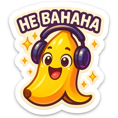 Funny cartoon banana, big happy smiling face, wearing tiny headphones, wide excited eyes, tiny sparkles around, text above: "НЕ БАНАНА ", chibi style, Twitch emoji style, colorful, transparent background sticker