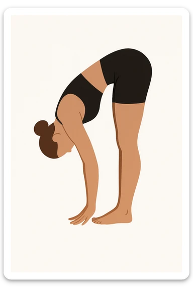 Minimalist flat vector illustration of a woman doing yoga in forward fold pose (Uttanasana), wearing sportswear (black top and black shorts), brown hair in a bun, clean white background, no face details, elegant style sticker