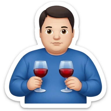 Fat man dark hair blue sweatshirt holding wine sticker